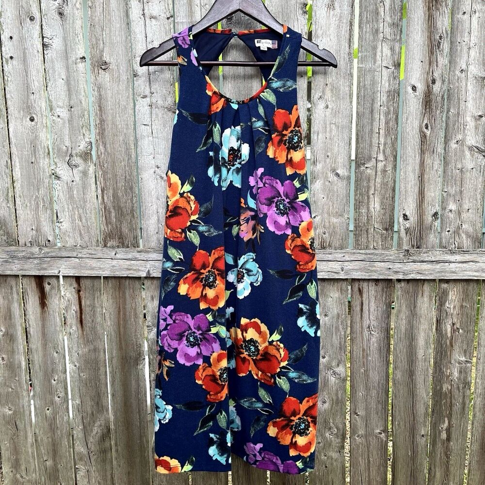 KUT FROM THE KLOTH Deelia Knit Floral Shift Dress, Navy- Size 4 MADE IN USA